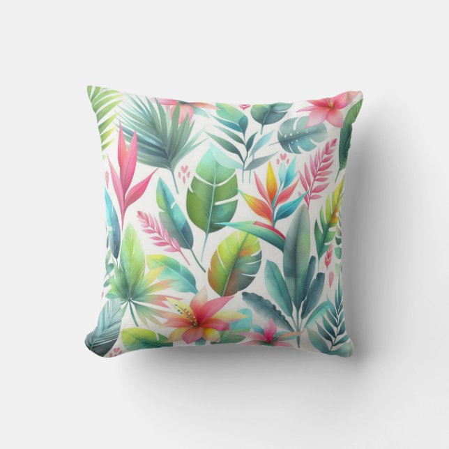 Pink Green Tropical Hawaiian Palm Leaves Flowers Cushion (Front)