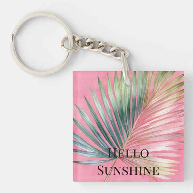 Pink Green Tropical Leaf Key Ring (Front)