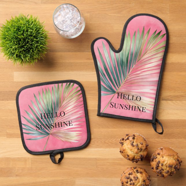Pink Green Tropical Leaf Oven Mitt & Pot Holder Set (Top Down)