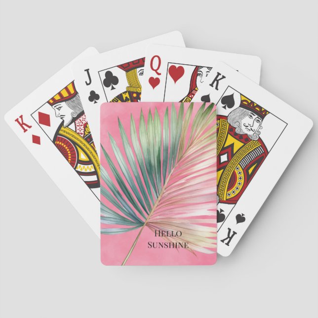 Pink Green Tropical Leaf Playing Cards (Back)