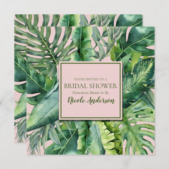 Pink & Green Tropical Leaves Bridal Shower Invitation (Front/Back)