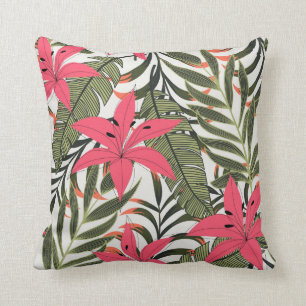 Pink & Green Tropical Leaves Cushion