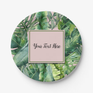 Pink & Green Tropical Leaves Sweet 16 Party Paper Plate
