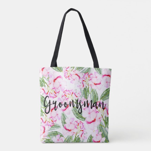 Pink Green Tropical Oasis Botanical GROOMSMAN Tote Bag (Back)