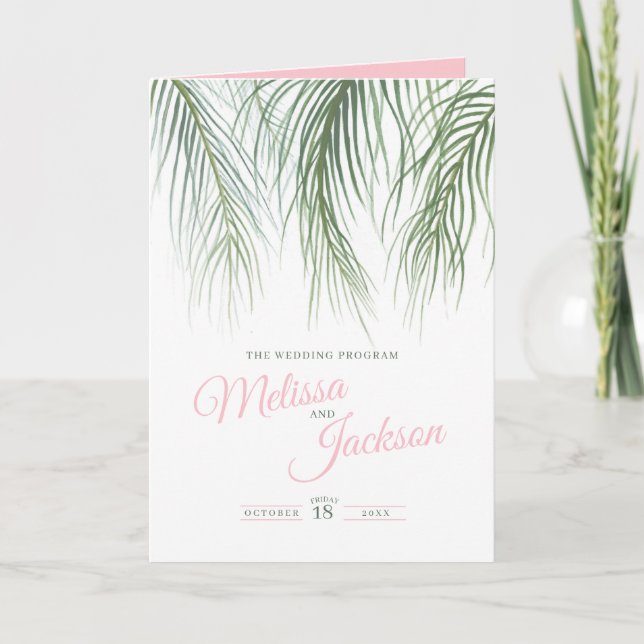 Pink green tropical palms watercolor art wedding program (Front)