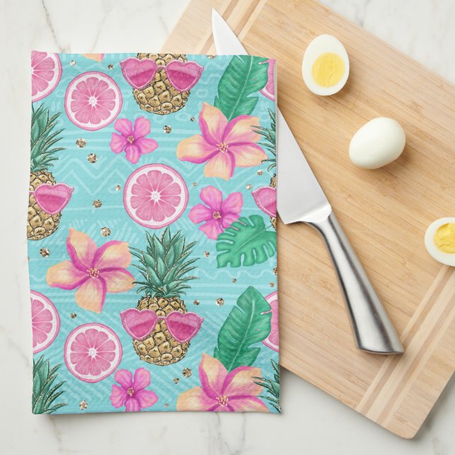PINK & GREEN TROPICAL SUMMER BEACH THEME TEA TOWEL (Quarter Fold)