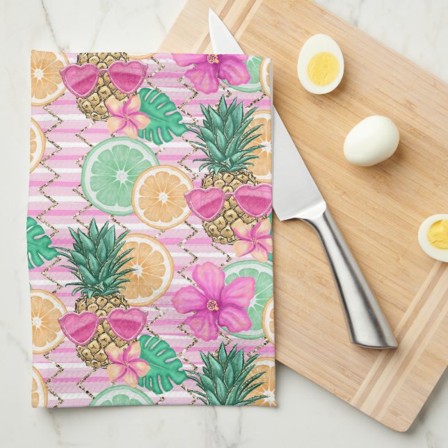 PINK & GREEN TROPICAL SUMMER BEACH THEME TEA TOWEL (Quarter Fold)
