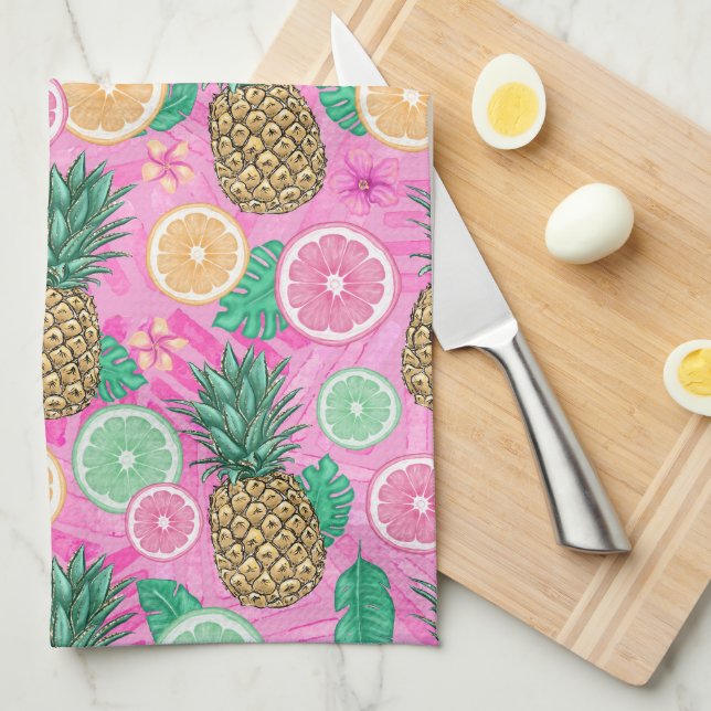 PINK & GREEN TROPICAL SUMMER BEACH THEME TEA TOWEL (Quarter Fold)