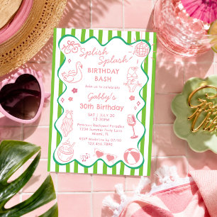 Pink & Green Tropical Summer Pool Party Birthday Invitation