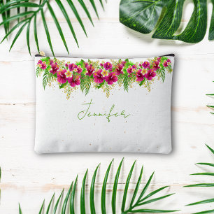 Pink Green Tropical Watercolor Floral Personalise Accessory Pouch