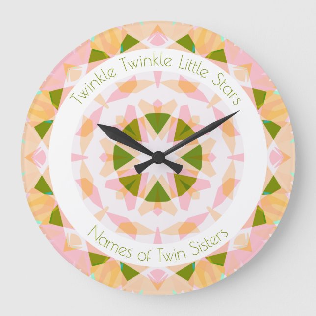 Pink Green Twinkle Little Star Baby Nursery Twins Large Clock (Front)