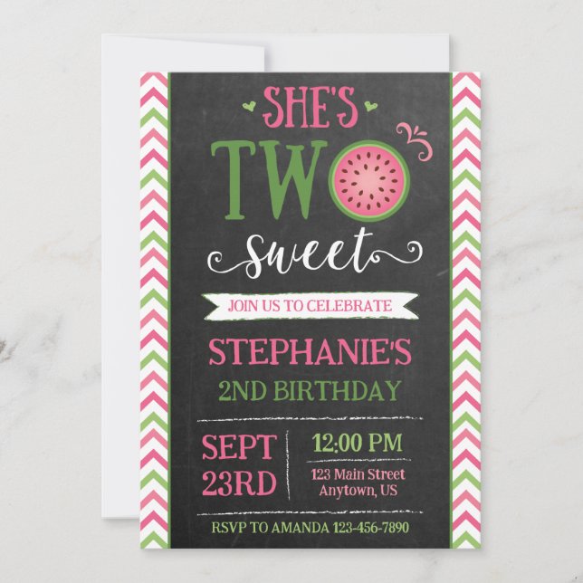 Pink Green Two Sweet Melon 2nd Birthday Invitation (Front)