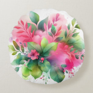 Pink Green Watercolor Botanical Bloom Round Cushion