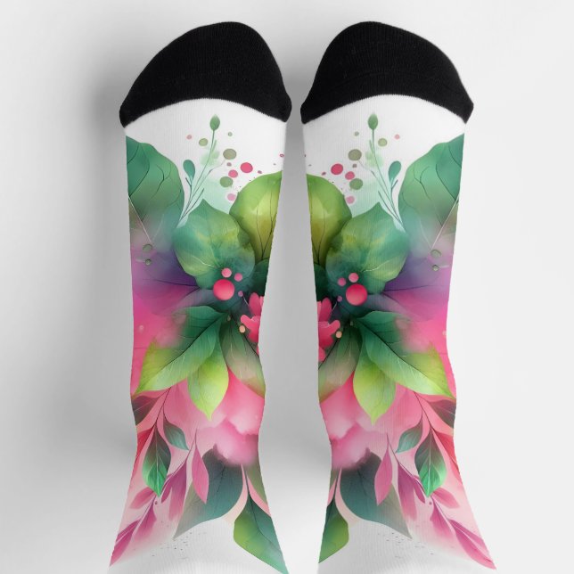 Pink Green Watercolor Botanical Bloom Socks (Top)