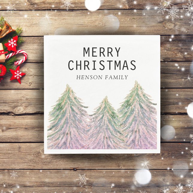 Pink Green Watercolor Christmas Tree Artistic  Napkin (Creator Uploaded)