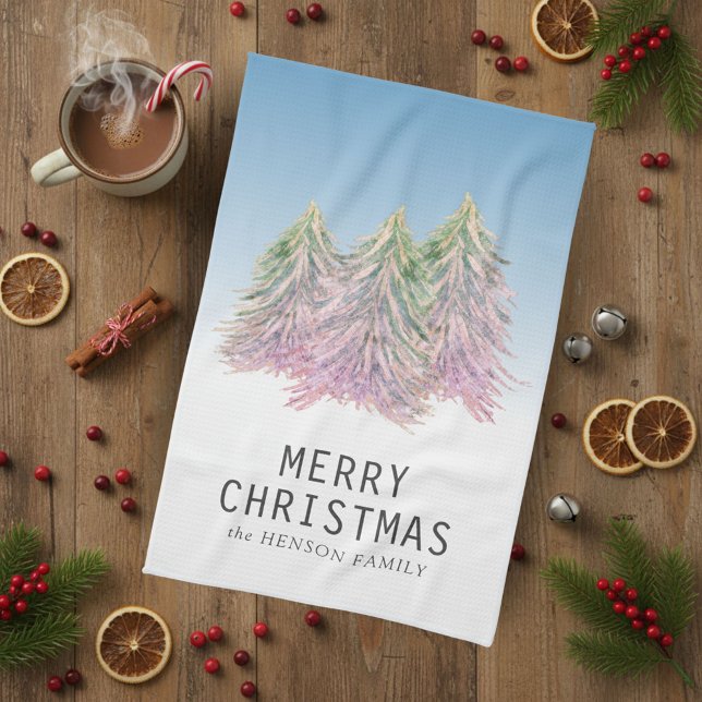 Pink Green Watercolor Christmas Tree Artistic Tea Towel (Creator Uploaded)