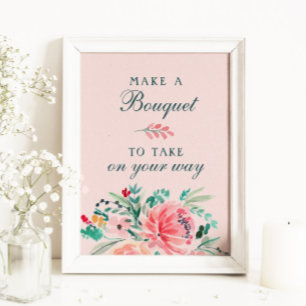 Pink Green Watercolor Floral Bouquet Favour Sign