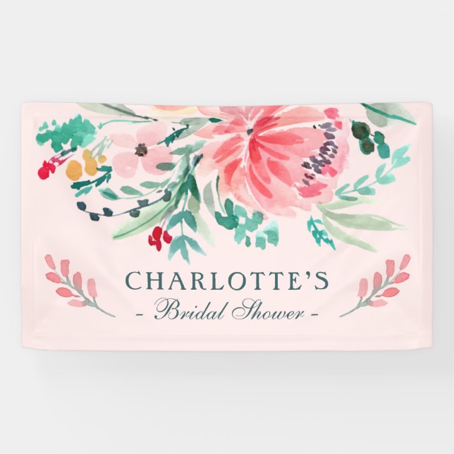 Pink Green Watercolor Floral Bridal Shower Welcome Banner (Horizontal)