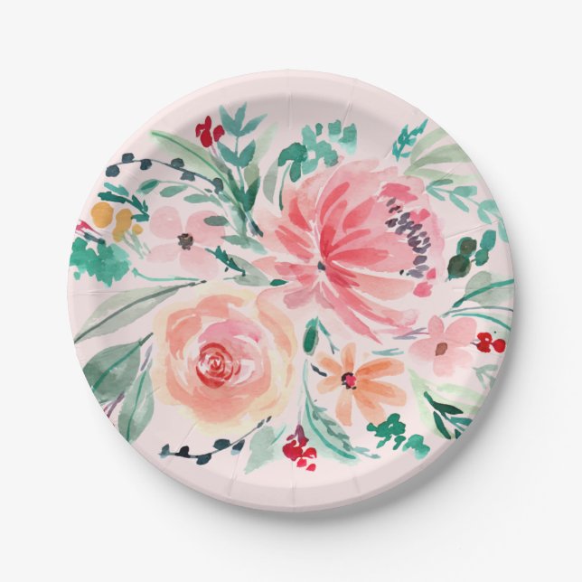 Pink Green Watercolor Floral Paper Plate (Front)
