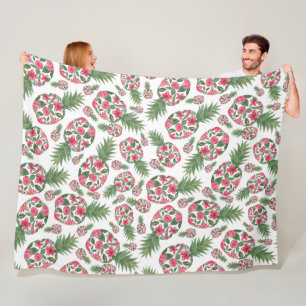 Pink Green Watercolor Floral Pineapples Pattern Fleece Blanket