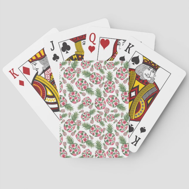 Pink Green Watercolor Floral Pineapples Pattern Playing Cards (Back)