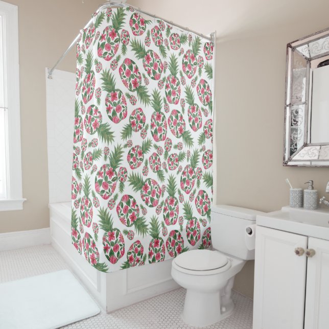 Pink Green Watercolor Floral Pineapples Pattern Shower Curtain (In Situ)