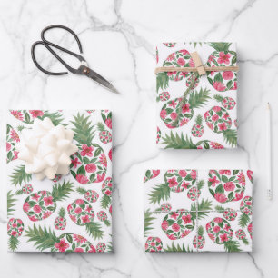 Pink Green Watercolor Floral Pineapples Pattern Wrapping Paper Sheet