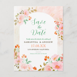  Pink & Green Watercolor Floral Save the Date Announcement Postcard