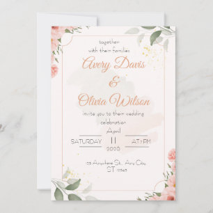 Pink & Green Watercolor Floral Wedding Invitation
