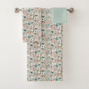 Pink Green Watercolor Florals Cottagecore Bath Towel Set