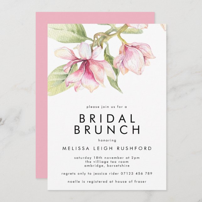 Pink & Green Watercolor Magnolia Bridal Brunch Invitation (Front/Back)