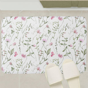 Pink Green Watercolor Wildflower Bath Mat
