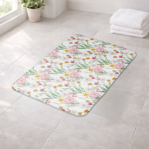 Pink Green Watercolor Wildflower Bath Mat