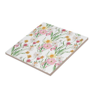 Pink Green Watercolor Wildflower Ceramic Tile