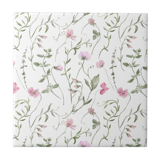 Pink Green Watercolor Wildflower Ceramic Tile (Front)