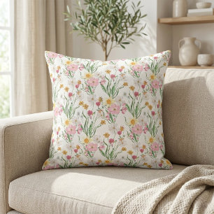 Pink Green Watercolor Wildflower Cushion