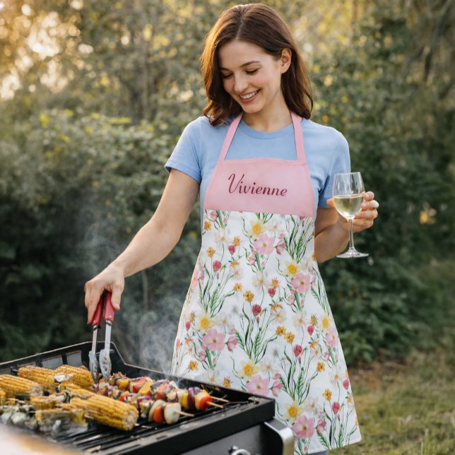 Pink Green Watercolor Wildflower Custom Name Apron (Pink Green Watercolor Wildflower Custom Name Apron)