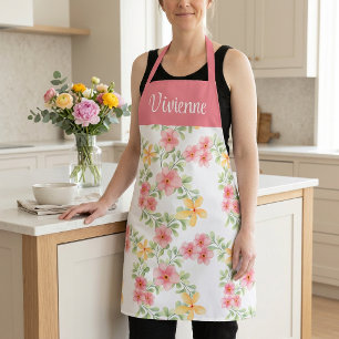 Pink Green Watercolor Wildflower Custom Name Apron