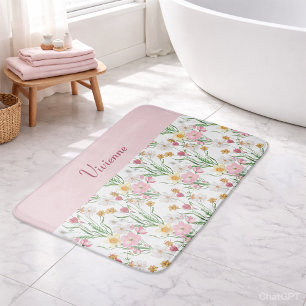 Pink Green Watercolor Wildflower Monogram Bath Mat