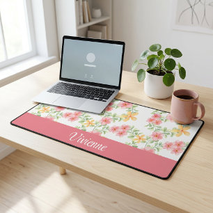 Pink Green Watercolor Wildflower Monogram Name Desk Mat