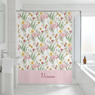Pink Green Watercolor Wildflower Monogram Shower Curtain