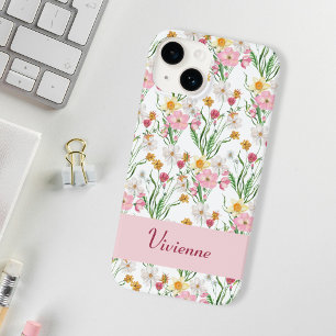 Pink Green Watercolor Wildflower Name Case-Mate iPhone 14 Case