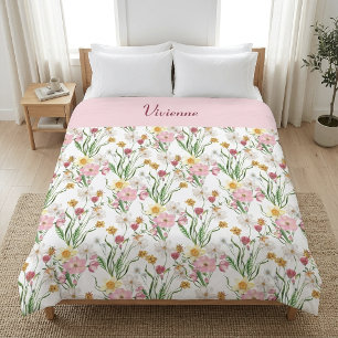 Pink Green Watercolor Wildflower Name Fleece Blanket
