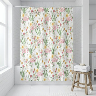Pink Green Watercolor Wildflower Shower Curtain