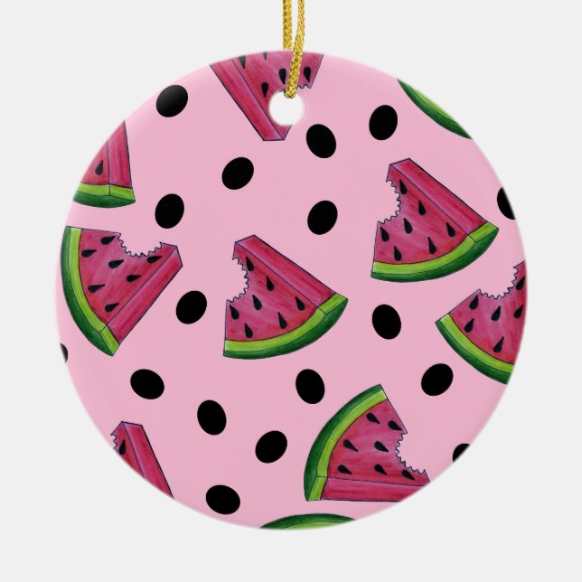 Pink Green Watermelon Melon Slice Wedge Fruity Ceramic Ornament (Front)