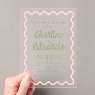 Pink green  Wavy Border Pastel Wedding Invitation