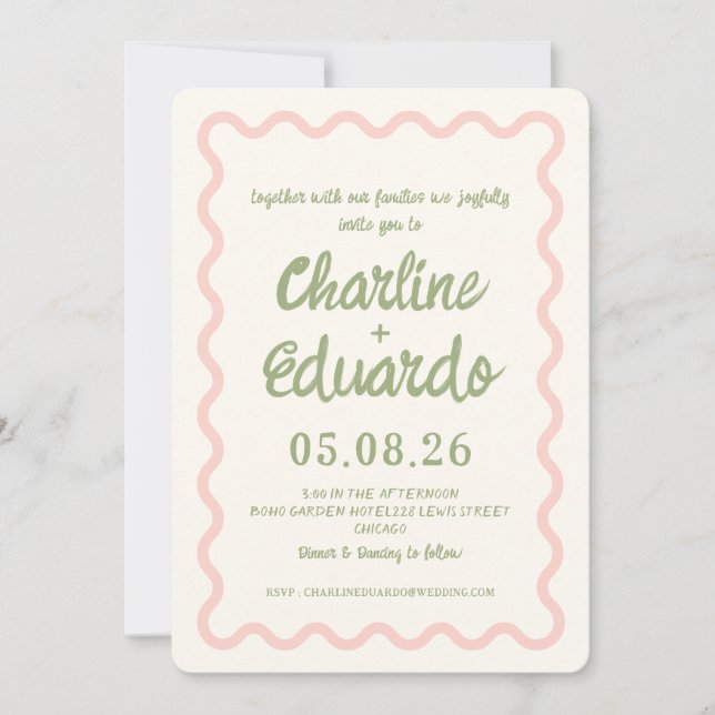 Pink green  Wavy Border Pastel Wedding Invitation (Front)