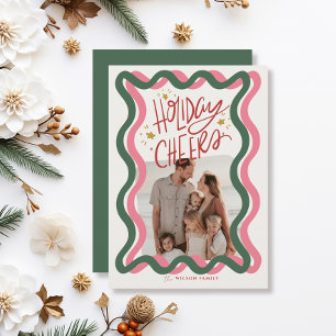 Pink & Green Wavy Frame 2 Photo Christmas Holiday Card
