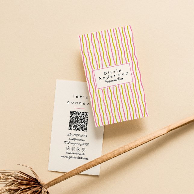 Pink Green Wavy Stripes Trendy Boho Modern QR Code Business Card (Creator Uploaded)