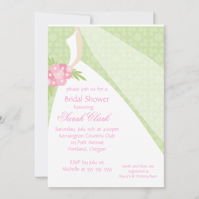Pink Green Wedding Dress Bridal Shower Invitation (Front)